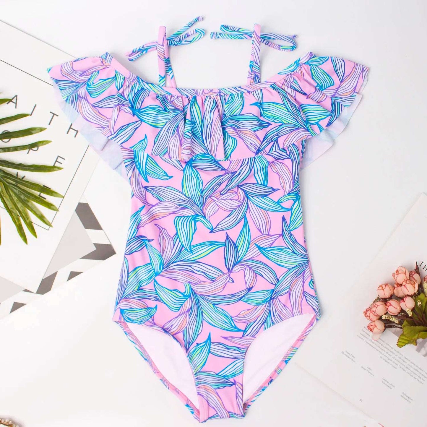 Bañador con estampado de hojas púrpuras para niñas, traje de baño de una pieza, ropa de playa