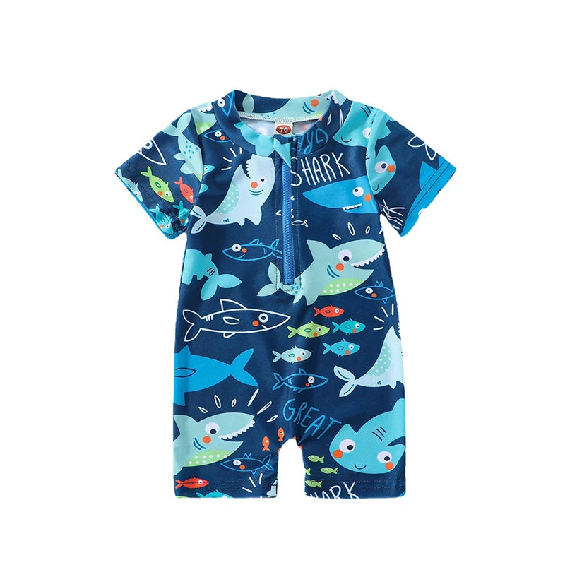 Traje de baño  con estampado de tiburón para niños, mono de manga corta con cremallera, ropa de playa, Verano - Bebe a la moda 